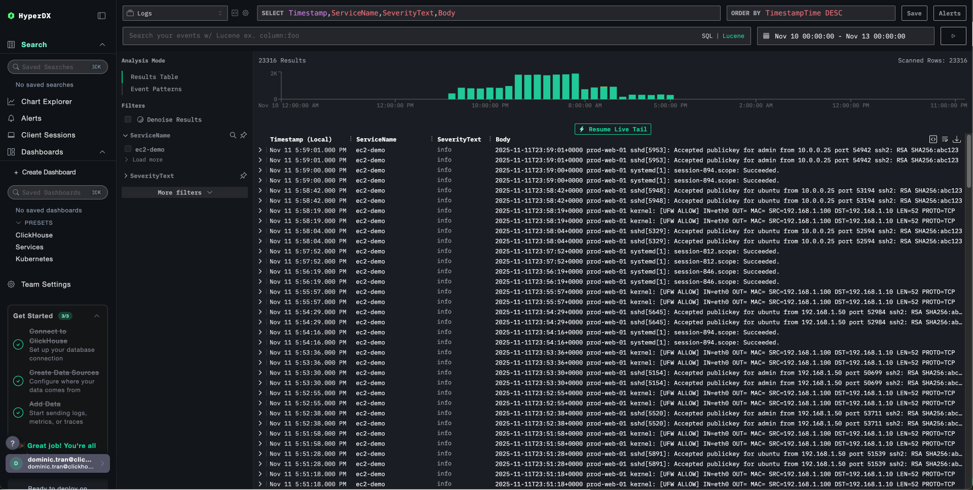 экран поиска логов EC2