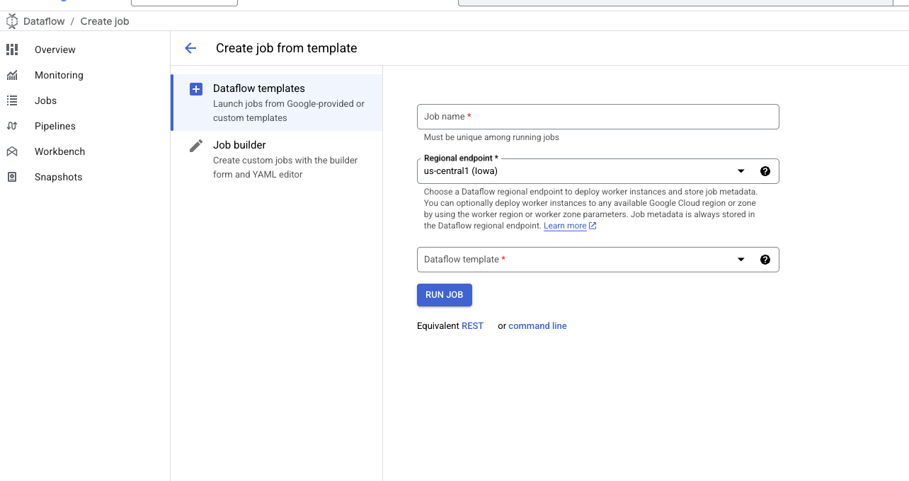 Начальная форма шаблона Dataflow